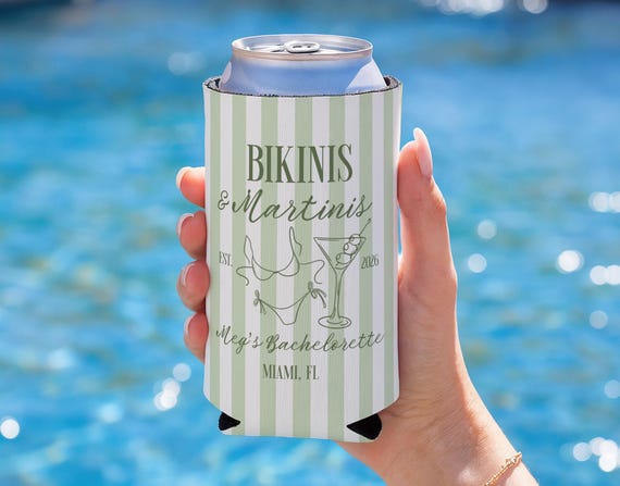 Bikinis And Martinis Cozie, Bikinis and Martinis Bachelorette Favor, Martinis And Bikinis Can Coolers, Custom Bachelorette Cozie