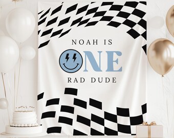 ONE Rad Dude Birthday Banner, Retro 1st Birthday Decorations, Custom 1st Birthday Banner for Boy, Smiley Face 1st Birthday Backdrop