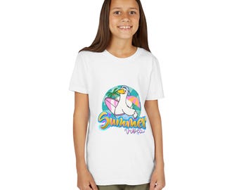 サマーバイブス カモメ ユースTシャツ | サーフィン バード ビーチ グラフィック | 子供向けサマーバイブスデザイン
