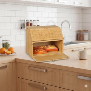 May include: A bamboo bread box with a hinged lid and a lower compartment. The word "BREAD" is etched on the front. The box is open, revealing two loaves of bread. The box is on a wooden countertop.