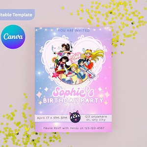 Pode incluir: Convite de aniversário colorido com um design atraente. O convite apresenta personagens de anime em uma moldura em forma de coração, o texto "Sophie's Birthday Party" e detalhes do evento. O fundo muda de azul para rosa.