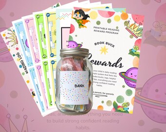 May include: A clear glass jar labeled "BANK" filled with money, surrounded by colorful reading reward charts. The charts feature illustrations of planets, crowns, and a superhero. The text "BOOK BUCK Rewards" is visible.