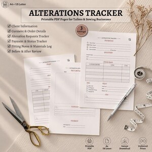 May include: A set of three printable Alterations Tracker PDF pages for tailors and sewing businesses. The documents feature sections for client information, garment details, alteration requests, payment status, and fitting notes, accompanied by scissors and a tape measure.