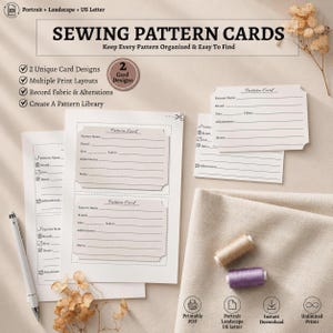 以下が含まれることがあります： 「Pattern Name」「Brand」「Size」「Fabric」「Adjustments」「Notes」と書かれた裁縫用パターンカード。2種類のユニークなカードデザイン、複数の印刷レイアウト、生地や修正内容を記録してパターンライブラリを作成するためのオプションが含まれています。