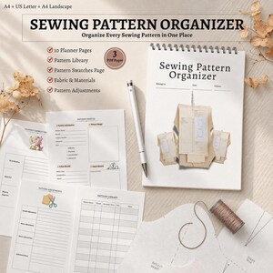 Peut inclure: Un ensemble organisateur de patrons de couture comprenant un carnet à spirales intitulé Sewing Pattern Organizer, plusieurs pages de planification imprimées, un stylo argenté et une bobine de fil marron. Les pages incluent des sections pour les informations sur les patrons, les détails du tissu, les ajustements et une bibliothèque de patrons.