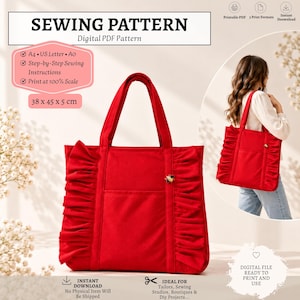 May include: A red tote bag with ruffled side panels and two top handles. The bag features a central pocket and a small bee-shaped embellishment. Text includes SEWING PATTERN, Digital PDF Pattern, and dimensions of 38 x 45 x 5 cm.