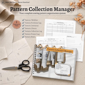 Könnte beinhalten: Ein Pattern Collection Manager Näh-Organisationssystem mit einem spiralgebundenen Planer, losen Logbuchseiten und Schnittmustervorlagen. Das Cover des Planers zeigt eine Sammlung von Schnittmustern auf Kleiderbügeln und eine Checkliste.