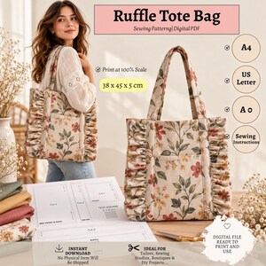 May include: A tote bag with a floral pattern featuring red and yellow flowers on a cream background, accented by side ruffles and a front pocket. The image displays a digital sewing pattern for a 38 x 45 x 5 cm bag, including A4, US Letter, and A0 formats.