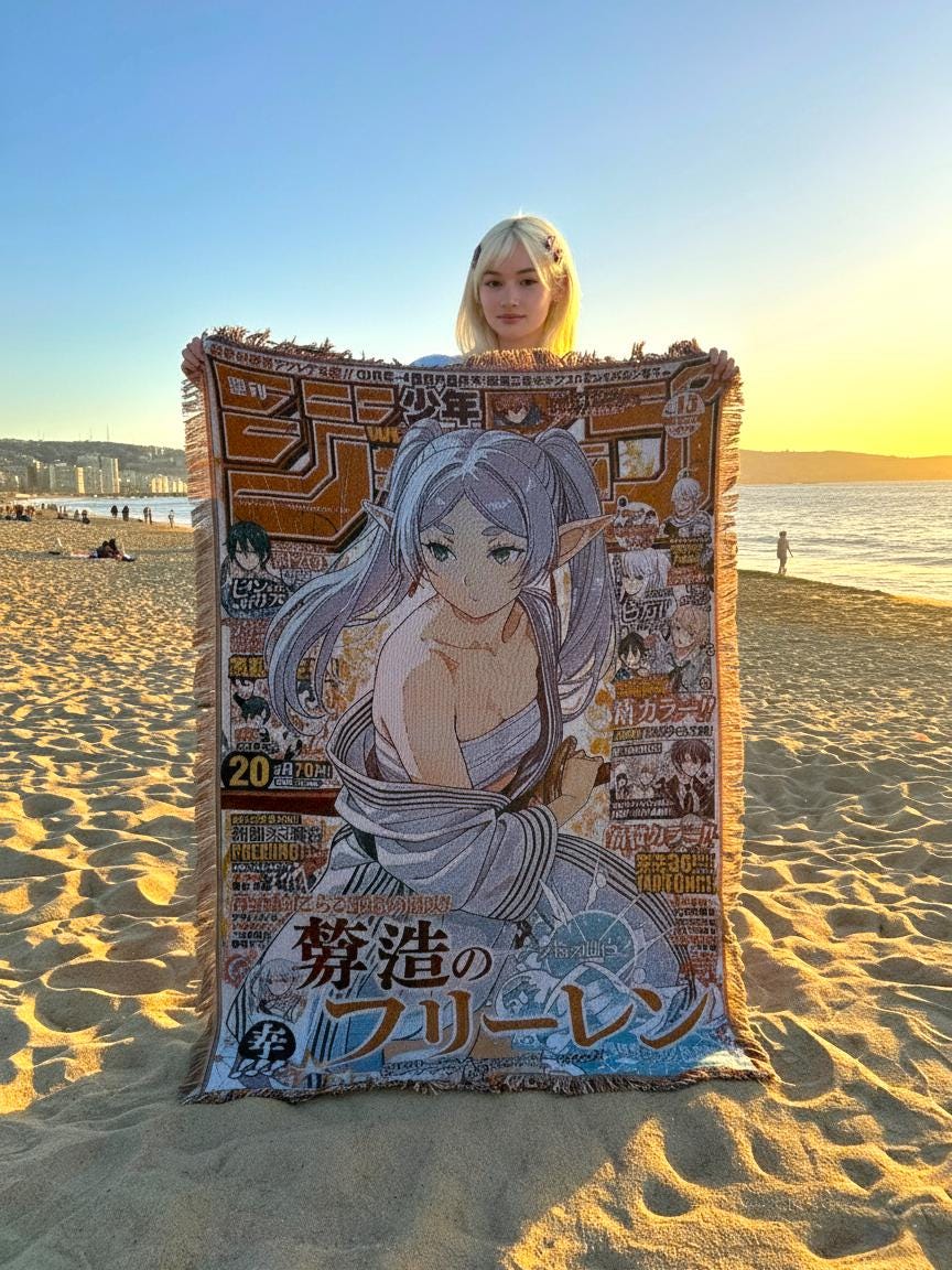 Frieren Anime Manga Knitted Throw Blanket | Ethereal Design