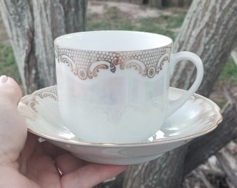 Vintage Bavaria ME 56 German Fine Bone China Tea Cup and Saucer Pearl White with Gold Filigree