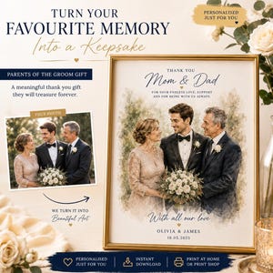 May include: A gold-framed print featuring a watercolour-style family portrait, suitable as a gift. The text says "Thank You Mom & Dad" and "With all our love." The print includes the date 18.05.2025. The image is a keepsake, perfect for parents.