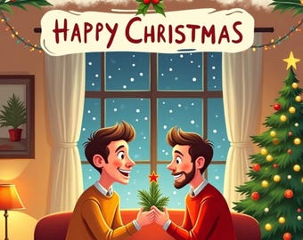 FinallyFelt Hand-Drawn Christmas Card – Gay Couple, Two Men, Cozy Holiday Scene,
