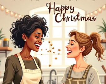 Cozy Hand-Drawn Christmas Card – Two Women Baking Together – Joyful Holiday Printable – FinallyFelt Style