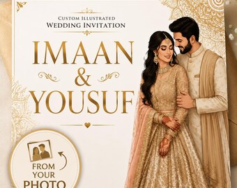 Personalised South Asian Wedding Invitation Save the Date, Illustrated Bride and Groom Portrait, Elegant Custom Wedding Card