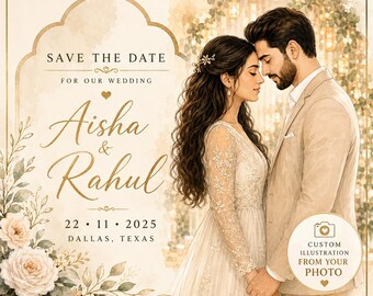 Custom Wedding Portrait From Your Photo | Personalised Save The Date Invitation | Illustrated Couple Wedding Announcement
