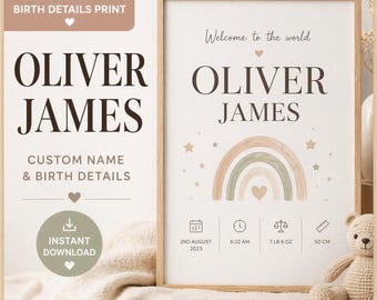Personalised Baby Name Birth Details Print | Neutral Nursery Wall Art (Instant Download)