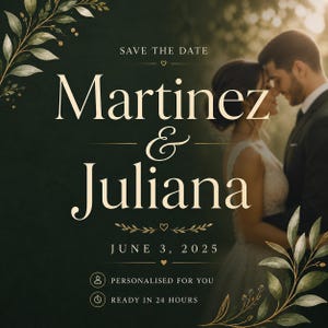 May include: A wedding invitation featuring the names "Martinez & Juliana" in a stylish font. The text "Save the Date" and the date "June 3, 2025" are included. The design incorporates floral elements and a photograph of a couple.