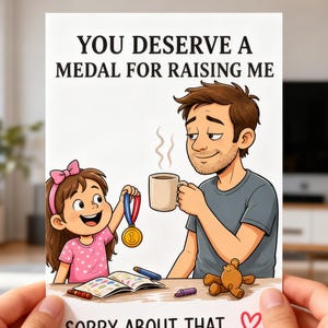 May include: A greeting card with the text "YOU DESERVE A MEDAL FOR RAISING ME" and "SORRY ABOUT THAT..." features a cartoon illustration of a father and daughter. The daughter holds a medal, and the father holds a mug. Crayons and a teddy bear are on the table.