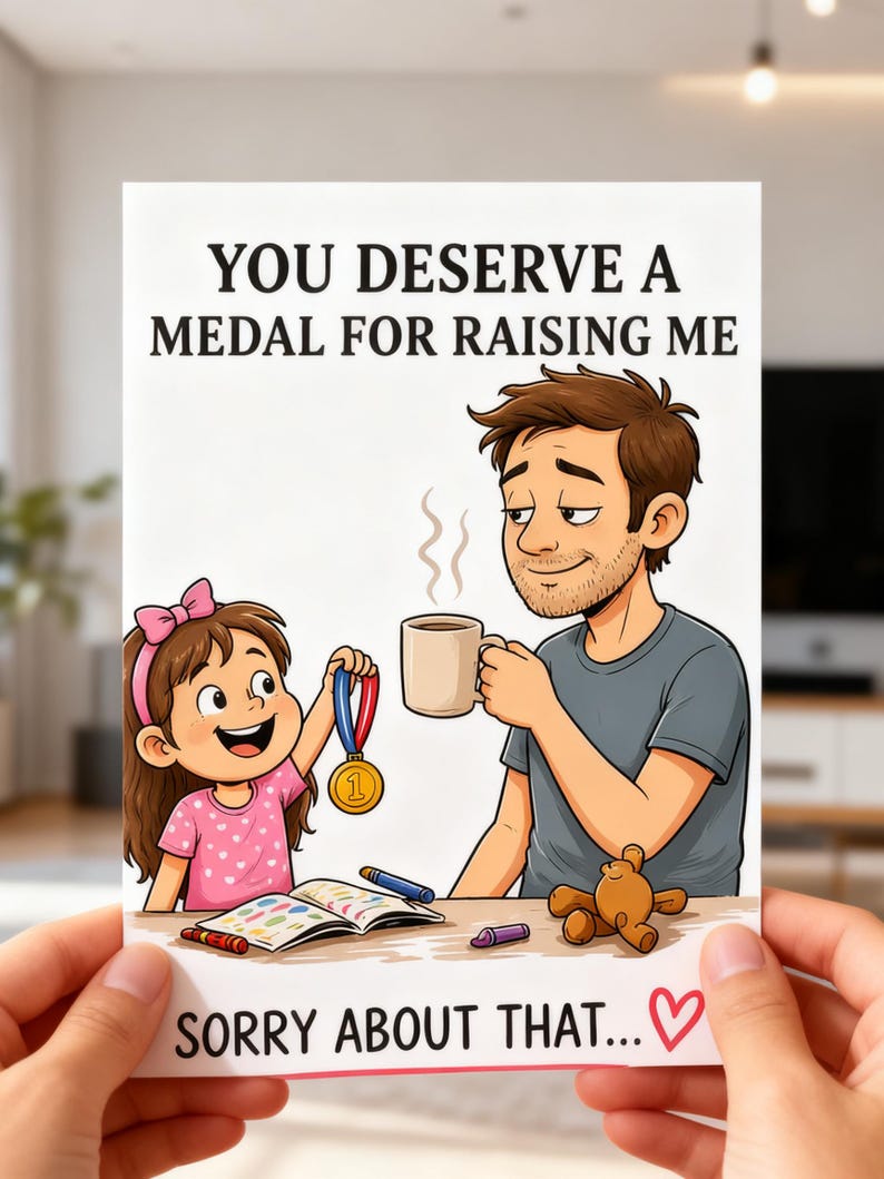 May include: A greeting card with the text "YOU DESERVE A MEDAL FOR RAISING ME" and "SORRY ABOUT THAT..." features a cartoon illustration of a father and daughter. The daughter holds a medal, and the father holds a mug. Crayons and a teddy bear are on the table.