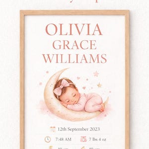 Personalised Baby Girl Birth Stats Print | Custom Name, Date | Nursery Wall Art (Digital Download)