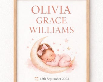 Personalised Baby Girl Birth Stats Print | Custom Name, Date | Nursery Wall Art (Digital Download)