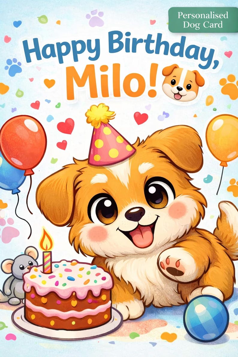 Personalised Dog Birthday Card | Custom Puppy Name Card | Cute Pet ...