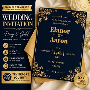 May include: Navy and gold wedding invitation template. The invitation features elegant gold floral designs on a navy background. The text reads "Wedding Invitation" and includes details for Elanor and Aaron's wedding, with a size of 12.7 x 17.8 cm.