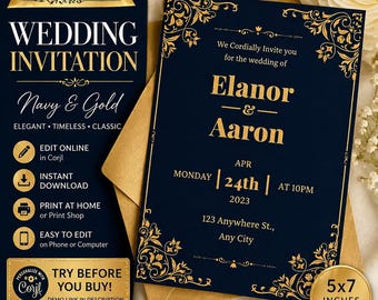 Elegant Navy Blue Wedding Invitation Template, Gold Formal Wedding Invite, Editable Corjl Instant Download
