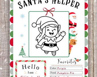 May include: Two "Santa's Helper" coloring worksheets. Each features a black and white elf illustration, a "Hello" section with a name, and a "Favorites" section. The worksheets have a red, green, and white border with Christmas-themed elements.