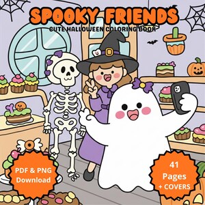 May include: A colorful Halloween-themed coloring book cover with the title "Spooky Friends." The cover features cartoon illustrations of a skeleton, a witch, and a ghost. The book includes 41 pages and is available for PDF & PNG download.