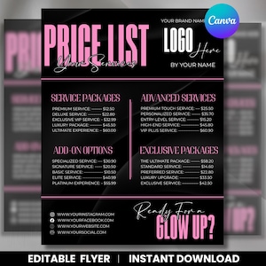 May include: Black and pink price list flyer with service packages, add-on options, and exclusive packages. The flyer includes the text "Price List" and "Ready For a Glow Up?" with social media links and the words "Editable Flyer | Instant Download".