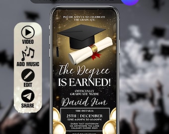 Zwart en goud luxe digitale afstuderen uitnodiging, afstudeerceremonie, afstudeerfeest, voor jongens en meisjes, voor mannen en vrouwen, DIY Canva