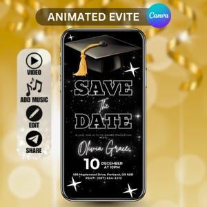 以下が含まれることがあります： スマートフォン画面上のアニメーション卒業発表。黒い背景には卒業帽子、星、そして「Save The Date」の文字が表示されています。発表には卒業生の氏名、日付、時間、場所が含まれています。