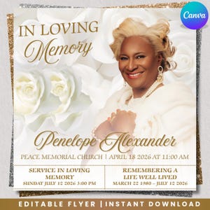 Peut inclure: Flyer commémoratif avec photo de Penelope Alexander, souriante, sur fond de roses blanches. Texte doré : "In Loving Memory" et détails de la cérémonie. Téléchargement instantané.