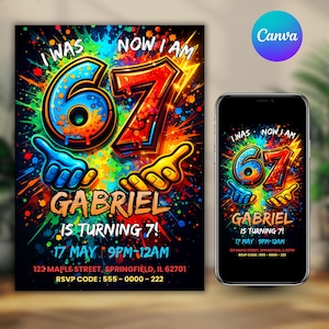 以下が含まれることがあります： 「I WAS 6, NOW I AM 7!」と「Gabriel is turning 7!」の文字がカラフルなグラフィティ風の文字で描かれた、鮮やかな誕生日招待状。 イベントの詳細と、同じ招待状を表示する電話が含まれています。