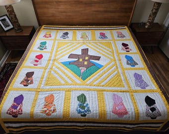 Seltene Vintage 1940er Jahre Sunbonnet Sue & Windmill Bildhafte Applikation Antike Quilt