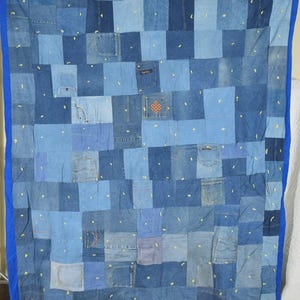 Folklig Vintage Denim Blå Jeans Patchwork Galen Quilt ~Fickor & Etiketter
