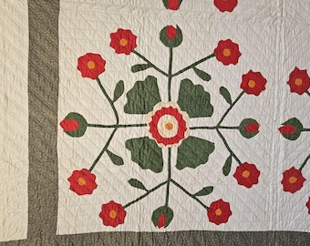 Edredón antiguo con apliques de rosas Whig, de la década de 1880, 183 x 213 cm