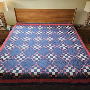 Gran colcha antigua de 25 parches de la década de 1880 ~ Bonito fondo índigo