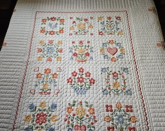 Álbum vintage grande y bien acolchado, colcha antigua ~Corazones, pájaros y flores