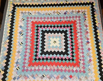 Edredón antiguo vintage de los años 30 con diseño de viaje alrededor del mundo y bordes lisos en zigzag, 183 x 203 cm