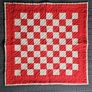 Vintage Mid Century Red & White Checkerboard Crib Quilt
