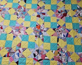 Edredón antiguo vintage de 4 parches con estrellas amarillas y verdes, de la década de 1940, 218 x 218 cm