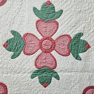Könnte beinhalten: Nahaufnahme eines Vintage-Quilts mit einem sich wiederholenden Blumenmuster. Der Quilt zeigt große, stilisierte Blumen in Rosa- und Grüntönen vor einem cremefarbenen Hintergrund. Die Steppung verleiht dem Design Textur und Detail.