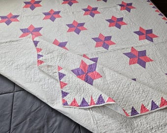 Edredón antiguo de estrellas vintage de los años 30, bien acolchado, con borde dentado, 178 x 223 cm
