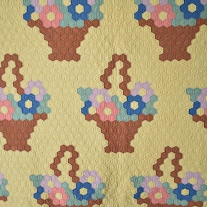 May include: A quilt with a repeating pattern of flower baskets. The baskets are brown, and the flowers are made of blue, pink, and green hexagonal shapes. The background is a light yellow color.