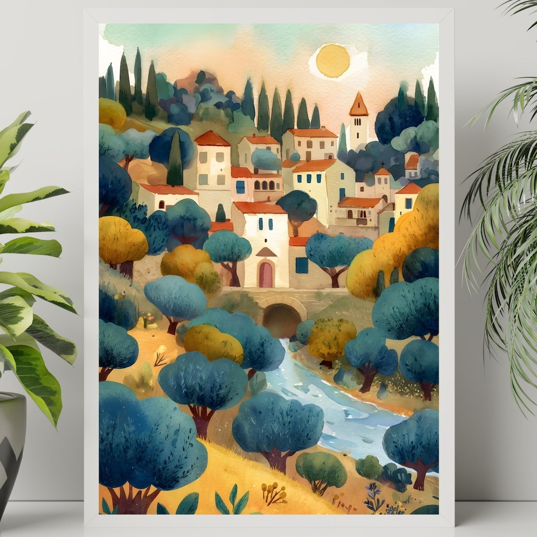 Mediterranean Village Watercolor Print - Italian Coastal Town Poster ...
