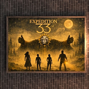May include: A framed poster with the text "EXPEDITION 33" in gold. The artwork depicts a large figure with outstretched arms, a full moon, and silhouetted figures in a forest setting. The color palette is primarily gold and black.