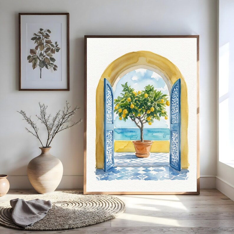 Amalfi Coast Watercolor Poster Lemon Tree - Italian Coastal Ocean Wall ...