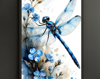 Blue Dragonfly Wall Art Colorful Insect - Modern Vibrant Dragonfly Poster Contemporary Dreamscape Print
